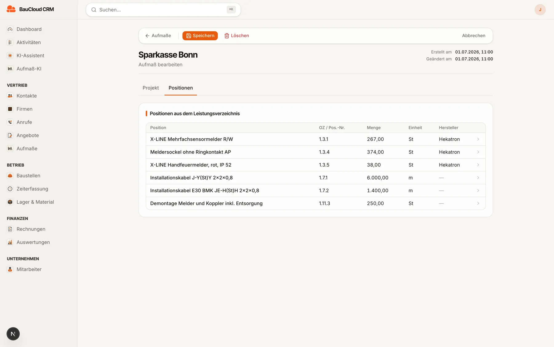 Aufmaß-Software in BauCloud: aus dem Leistungsverzeichnis extrahierte Positionen mit OZ-Nummer, Menge, Einheit und Hersteller