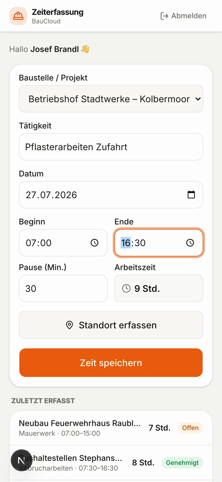 Mobile Zeiterfassung von BauCloud auf dem Smartphone