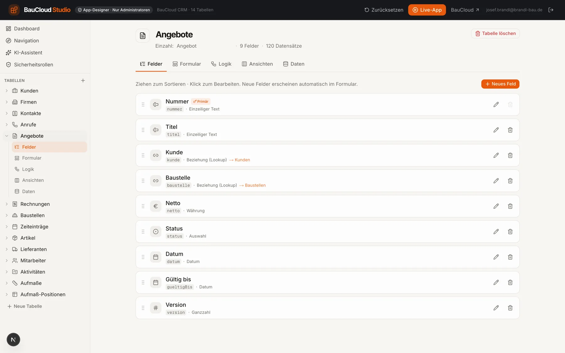 BauCloud Studio: Felder der Tabelle Angebote per Drag-and-drop bearbeiten